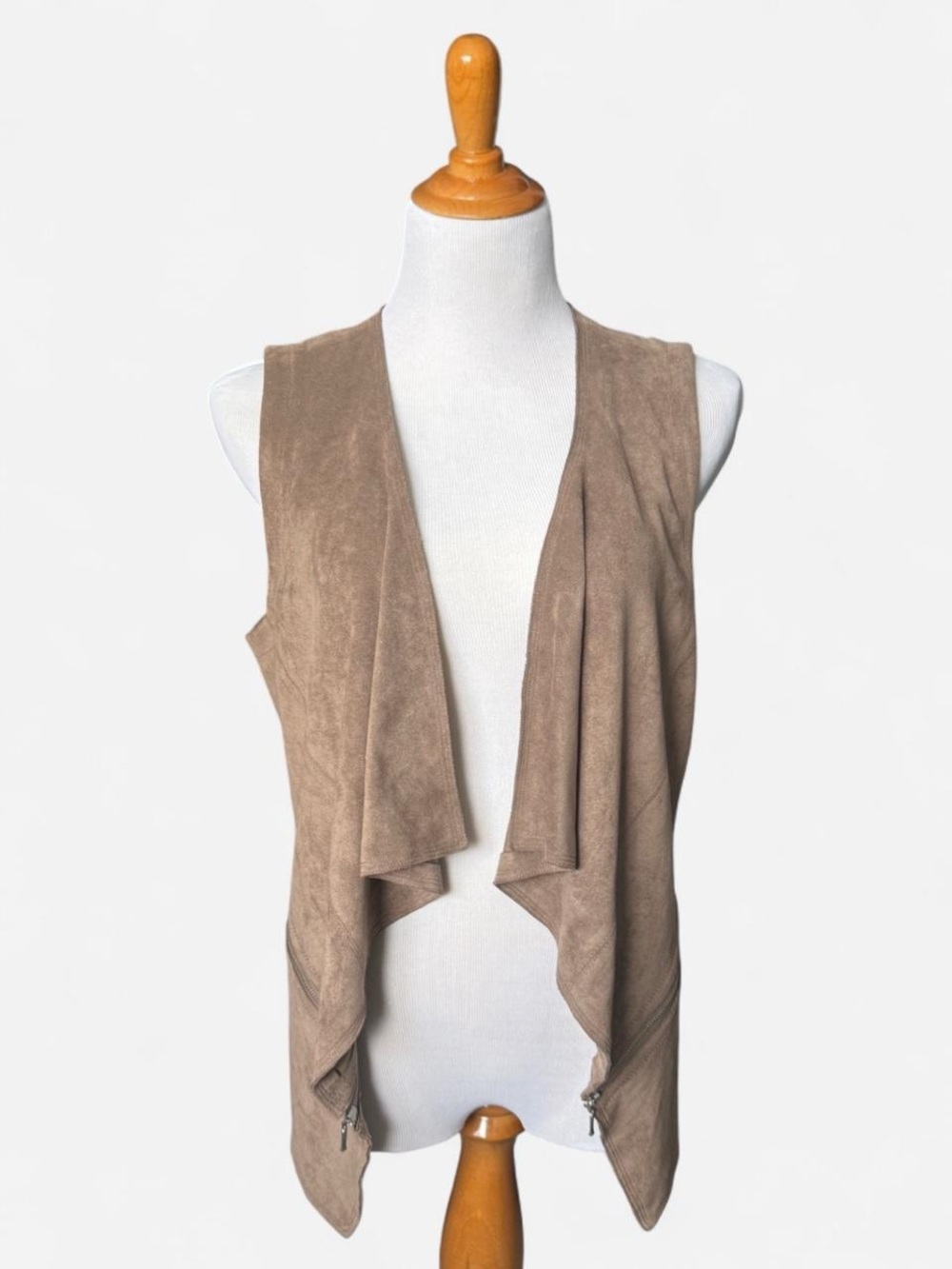 Allen B. Taupe Suede Draped Open Front Vest